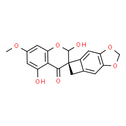ChemSpider 2D Image | (3S)-2,5-Dihydroxy-7-methoxy-4H,6'H-spiro[chromene-3,5'-cyclobuta[f][1,3]benzodioxol]-4-one | C18H14O7