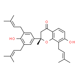 ChemSpider 2D Image | (2S)-7-Hydroxy-2-[4-hydroxy-3,5-bis(3-methyl-2-buten-1-yl)phenyl]-2-methyl-8-(3-methyl-2-buten-1-yl)-2,3-dihydro-4H-chromen-4-one | C31H38O4