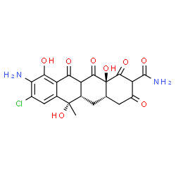 ChemSpider 2D Image | (4aS,5aS,6S,12aS)-9-Amino-8-chloro-6,10,12a-trihydroxy-6-methyl-1,3,11,12-tetraoxo-1,2,3,4,4a,5,5a,6,11,11a,12,12a-dodecahydro-2-tetracenecarboxamide | C20H19ClN2O8