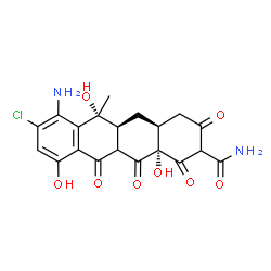 ChemSpider 2D Image | (4aS,5aS,6R,12aS)-7-Amino-8-chloro-6,10,12a-trihydroxy-6-methyl-1,3,11,12-tetraoxo-1,2,3,4,4a,5,5a,6,11,11a,12,12a-dodecahydro-2-tetracenecarboxamide | C20H19ClN2O8