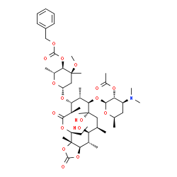 ChemSpider 2D Image | (2S,3R,4S,6R)-2-{[(3aR,4S,7R,8R,9S,10R,11S,13R,14S,15S,15aR)-8-{[(2R,4S,5R,6R)-5-{[(Benzyloxy)carbonyl]oxy}-4-methoxy-4,6-dimethyltetrahydro-2H-pyran-2-yl]oxy}-4-ethyl-11,14-dihydroxy-3a,7,9,11,13,15-
hexamethyl-2,6-dioxododecahydro-4H-[1,3]dioxolo[4,5-c]oxacyclotetradecin-10-yl]oxy}-4-(dimethylamino)-6-methyltetrahydro-2H-pyran-3-yl acetate | C48H75NO17
