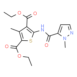 ChemSpider 2D Image | Diethyl 3-methyl-5-{[(1-methyl-1H-pyrazol-5-yl)carbonyl]amino}-2,4-thiophenedicarboxylate | C16H19N3O5S