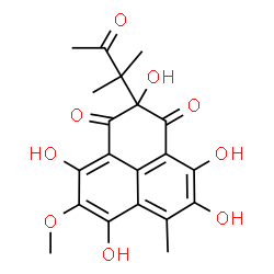 ChemSpider 2D Image | 2,4,5,7,9-Pentahydroxy-8-methoxy-6-methyl-2-(2-methyl-3-oxo-2-butanyl)-1H-phenalene-1,3(2H)-dione | C20H20O9