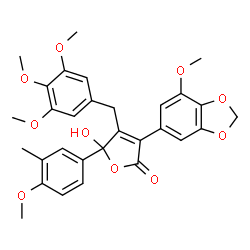 ChemSpider 2D Image | 5-Hydroxy-3-(7-methoxy-1,3-benzodioxol-5-yl)-5-(4-methoxy-3-methylphenyl)-4-(3,4,5-trimethoxybenzyl)-2(5H)-furanone | C30H30O10