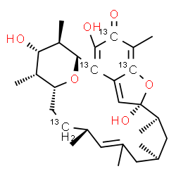 ChemSpider 2D Image | (1R,9S,10S,12S,16S,19R,20R,21S,22R)-3,9,21-Trihydroxy-5,10,12,14,16,20,22-heptamethyl(2,4,6,17-~13~C_4_)-23,24-dioxatetracyclo[17.3.1.1~6,9~.0~2,7~]tetracosa-2,5,7,14-tetraen-4-one | C2513C4H42O6