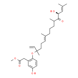 ChemSpider 2D Image | Methyl (5-hydroxy-2-{[(6E,13S)-13-hydroxy-3,7,11,15-tetramethyl-12-oxo-1,6,14-hexadecatrien-3-yl]oxy}phenyl)acetate | C29H42O6