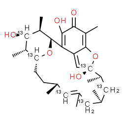 ChemSpider 2D Image | (1R,9S,10S,12S,16S,19R,20R,21S,22R)-3,9,21-Trihydroxy-5,10,12,14,16,20,22-heptamethyl(9,11,13,15,19,21-~13~C_6_)-23,24-dioxatetracyclo[17.3.1.1~6,9~.0~2,7~]tetracosa-2,5,7,14-tetraen-4-one | C2313C6H42O6