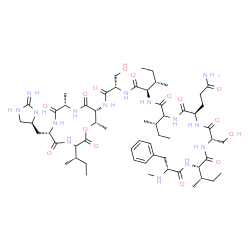 ChemSpider 2D Image | N-Methyl-D-phenylalanyl-L-isoleucyl-L-seryl-D-glutaminylisoleucyl-D-alloisoleucyl-N-[(6S,9S,12R,13S)-3-[(2S)-2-butanyl]-6-{[(4S)-2-imino-4-imidazolidinyl]methyl}-9,13-dimethyl-2,5,8,11-tetraoxo-1-oxa-
4,7,10-triazacyclotridecan-12-yl]-L-serinamide | C58H95N15O15