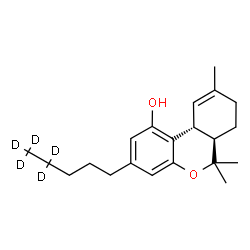 ChemSpider 2D Image | (6aR,10aR)-6,6,9-Trimethyl-3-[(4,4,5,5,5-~2~H_5_)pentyl]-6a,7,8,10a-tetrahydro-6H-benzo[c]chromen-1-ol | C21H25D5O2