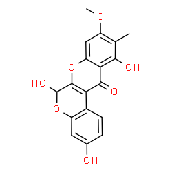 ChemSpider 2D Image | 3,6,11-Trihydroxy-9-methoxy-10-methylchromeno[3,4-b]chromen-12(6H)-one | C18H14O7
