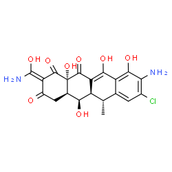 ChemSpider 2D Image | (2Z,4aR,5R,5aR,6R,12aS)-9-Amino-2-[amino(hydroxy)methylene]-8-chloro-5,10,11,12a-tetrahydroxy-6-methyl-4a,5a,6,12a-tetrahydro-1,3,12(2H,4H,5H)-tetracenetrione | C20H19ClN2O8