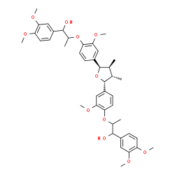 ChemSpider 2D Image | 2,2'-{[(2R,3S,4S,5R)-3,4-Dimethyltetrahydrofuran-2,5-diyl]bis[(2-methoxy-4,1-phenylene)oxy]}bis[1-(3,4-dimethoxyphenyl)-1-propanol] | C42H52O11