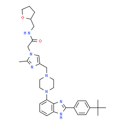 ChemSpider 2D Image | 2-{2-Methyl-4-[(4-{2-[4-(2-methyl-2-propanyl)phenyl]-1H-benzimidazol-4-yl}-1-piperazinyl)methyl]-1H-imidazol-1-yl}-N-(tetrahydro-2-furanylmethyl)acetamide | C33H43N7O2