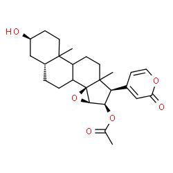 ChemSpider 2D Image | (3beta,5beta,8xi,9xi,10xi,13xi,14beta,15beta,16beta,17beta)-3-Hydroxy-17-(2-oxo-2H-pyran-4-yl)-14,15-epoxyandrostan-16-yl acetate | C26H34O6